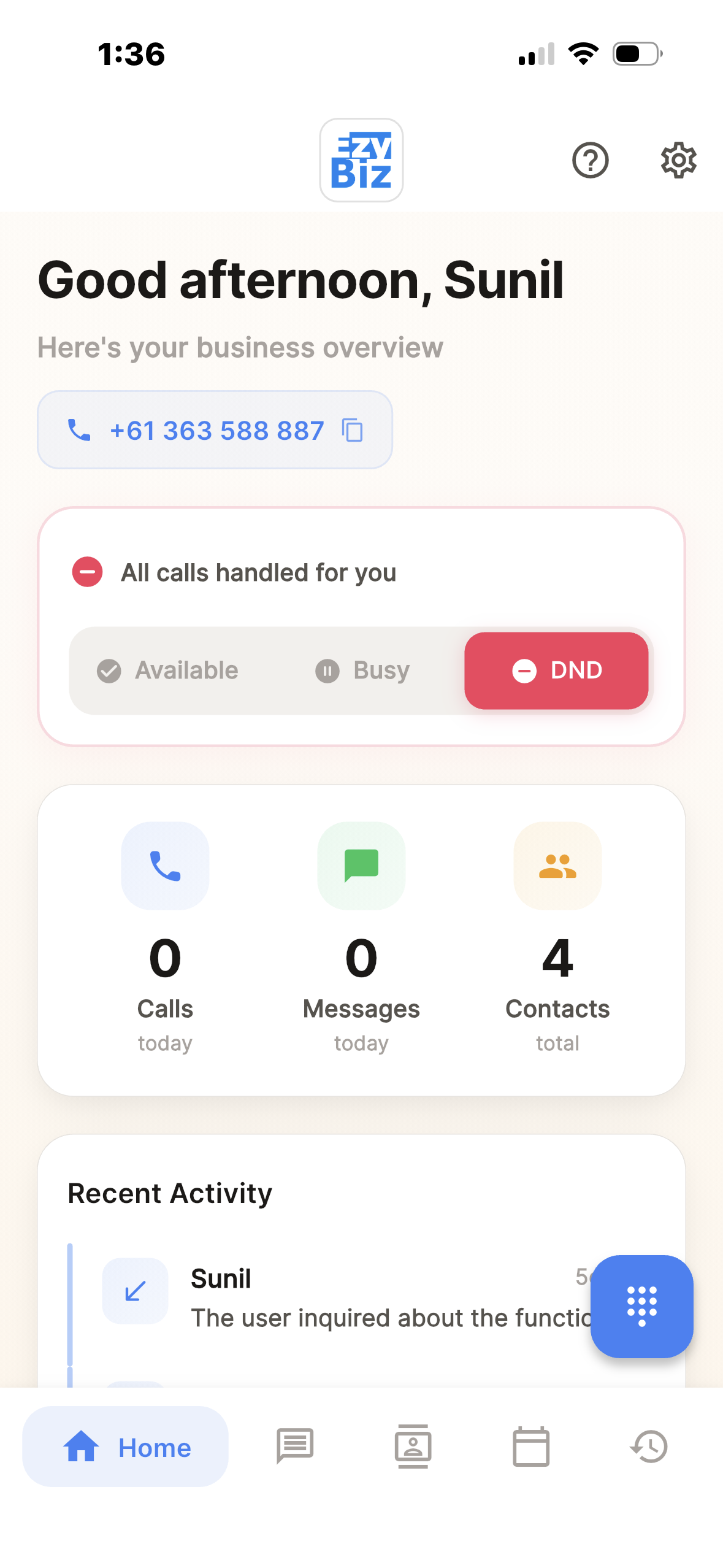 EzyBiz app — Do Not Disturb, all calls handled