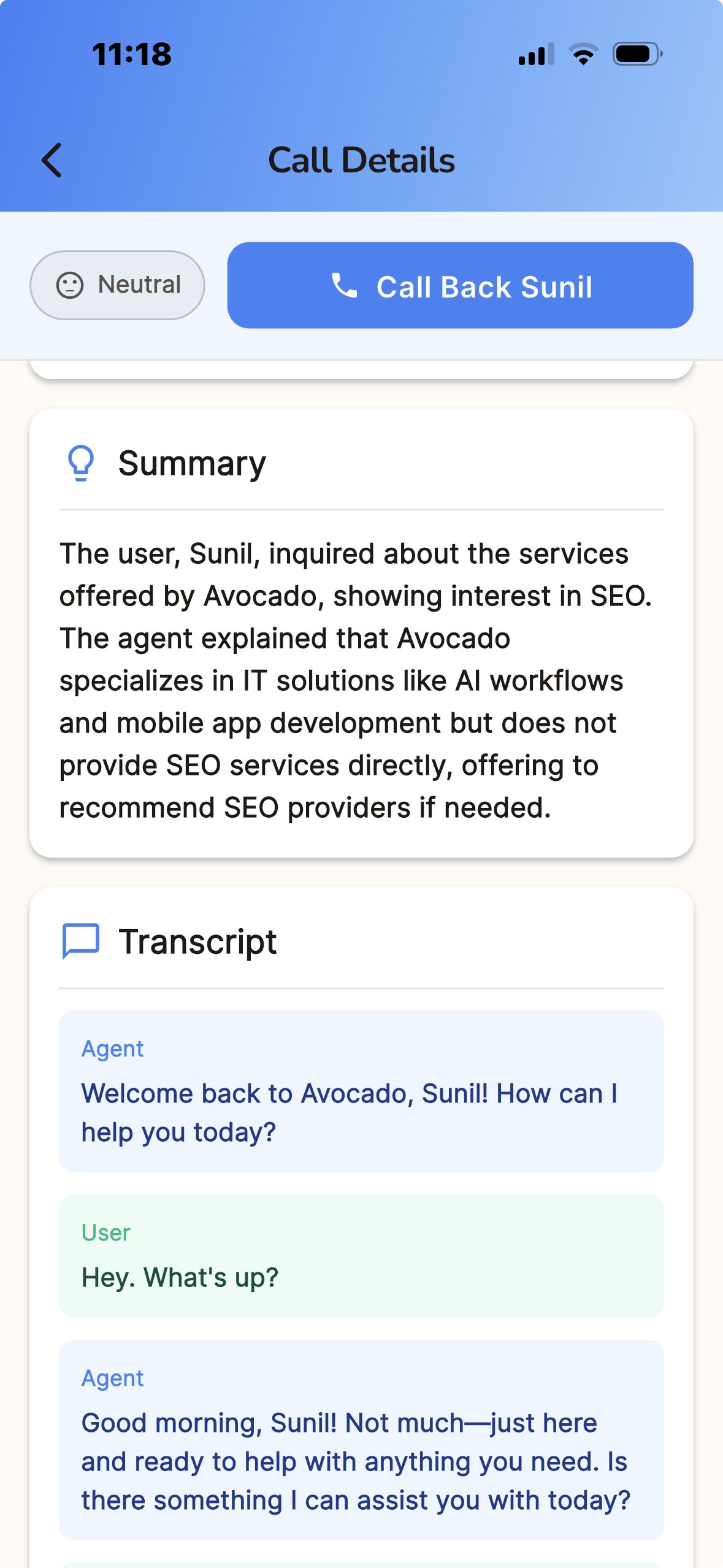 EzyBiz Call Details - Summary & Transcript