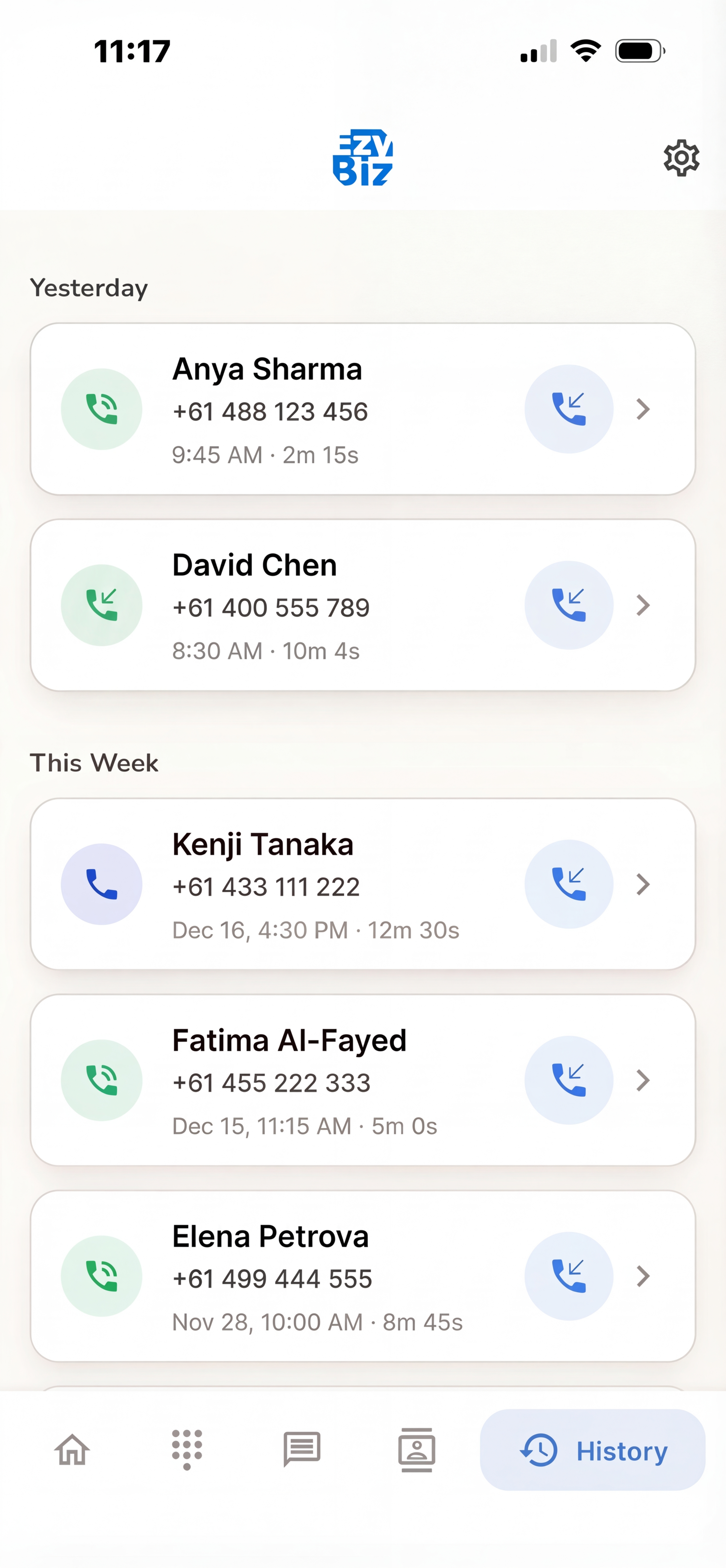 EzyBiz Call History - Track All Business Calls